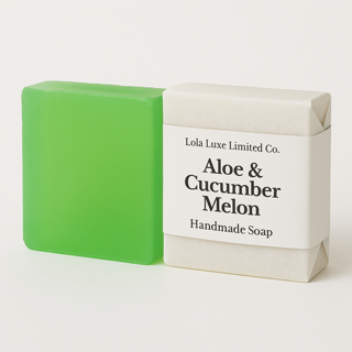 Green and white handmade soap bar with 'Lela Luxe Limited Co.' branding on a white background