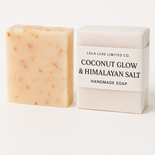 Handmade soap bar and packaging with 'Lola Luxe Limited Co.' branding on a white background