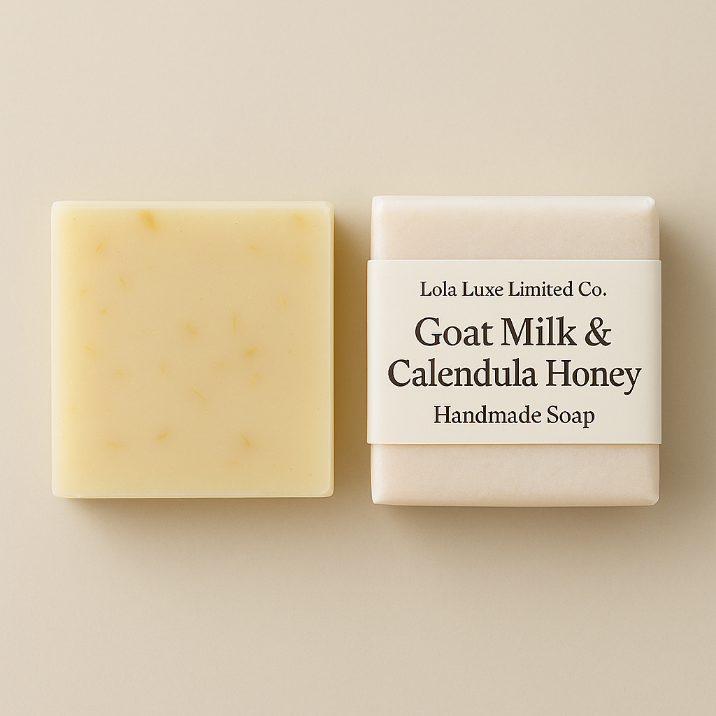 Handmade soap bar with packaging labeled 'Goat Milk & Calendula Honey' from Lola Luxe Limited Co. on a beige background.