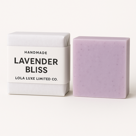 Lavender soap bar with packaging labeled 'Lavender Bliss' from Lola Luxe Limited Co. on a white background