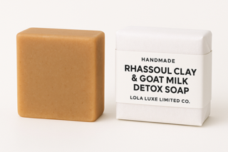 Bar of Rhassoul Clay & Goat Milk Detox Soap from Lola Luxe on a white background