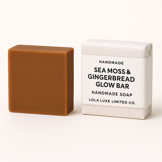 Handmade soap bar with packaging labeled 'Sea Moss & Gingerbread Glow Bar' by Lola Luxe Limited Co.