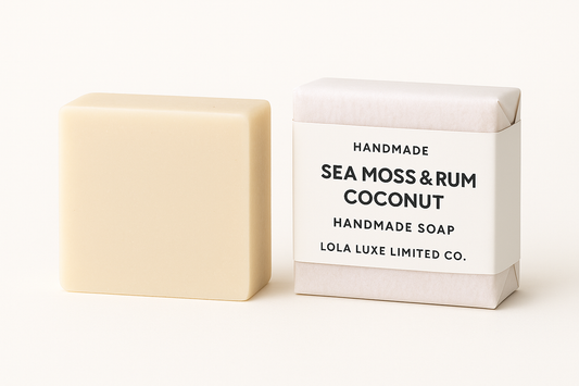 Bar of soap and its packaging with 'Lola Luxe Limited Co.' branding on a white background