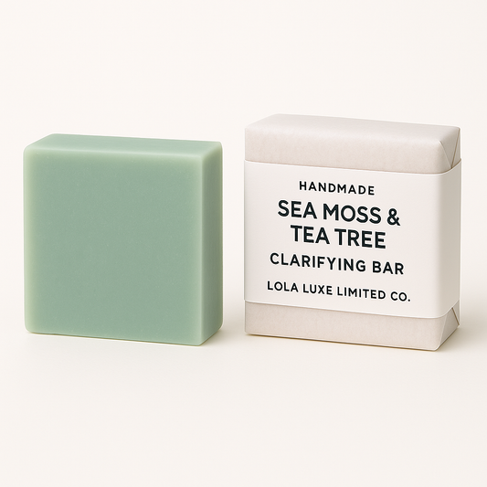 Green soap bar next to its packaging on a white background