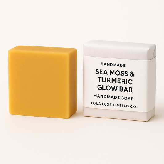 Yellow soap bar next to its packaging on a white background