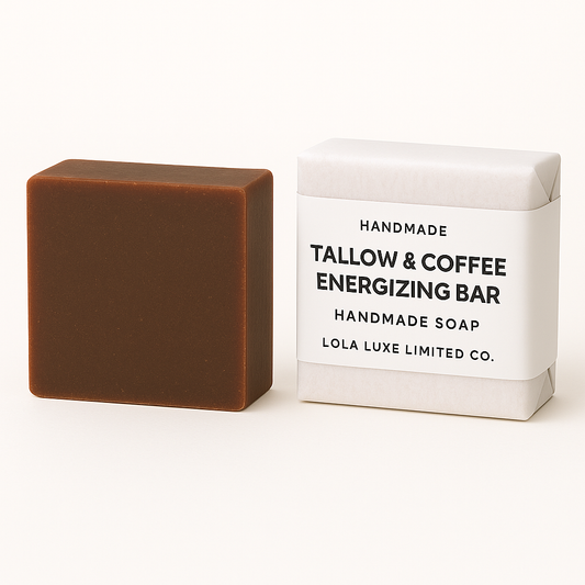 Brown soap bar next to its white box packaging on a white background