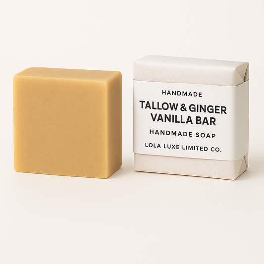Handmade tallow and ginger vanilla bar soap next to its packaging on a white background