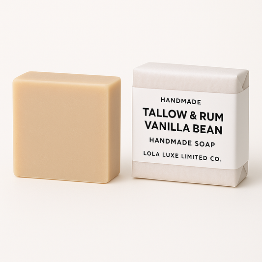 Bar of soap next to its packaging on a white background