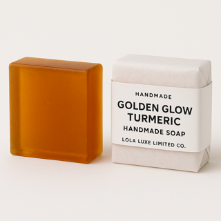 Bar of soap and its packaging on a white background